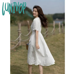 Lunivop Women’s White Jacquard Little Dress Summer French Style Hepburn Collection Midi Length