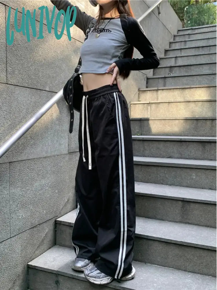 Lunivop Women’s Wine Red Baggy Striped Pants 90S Vintage Streetwear Oversize Y2K Trousers Korean