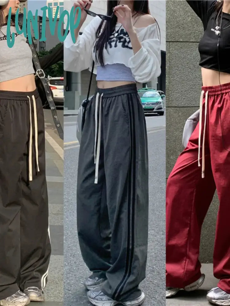 Lunivop Women’s Wine Red Baggy Striped Pants 90S Vintage Streetwear Oversize Y2K Trousers Korean