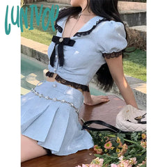 Lunivop Y2K 2 Piece Sets Women Outfit Vintage Cropped Bow Shirts Kawaii Sweet Lace Patchwork