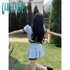 Lunivop Y2K 2 Piece Sets Women Outfit Vintage Cropped Bow Shirts Kawaii Sweet Lace Patchwork