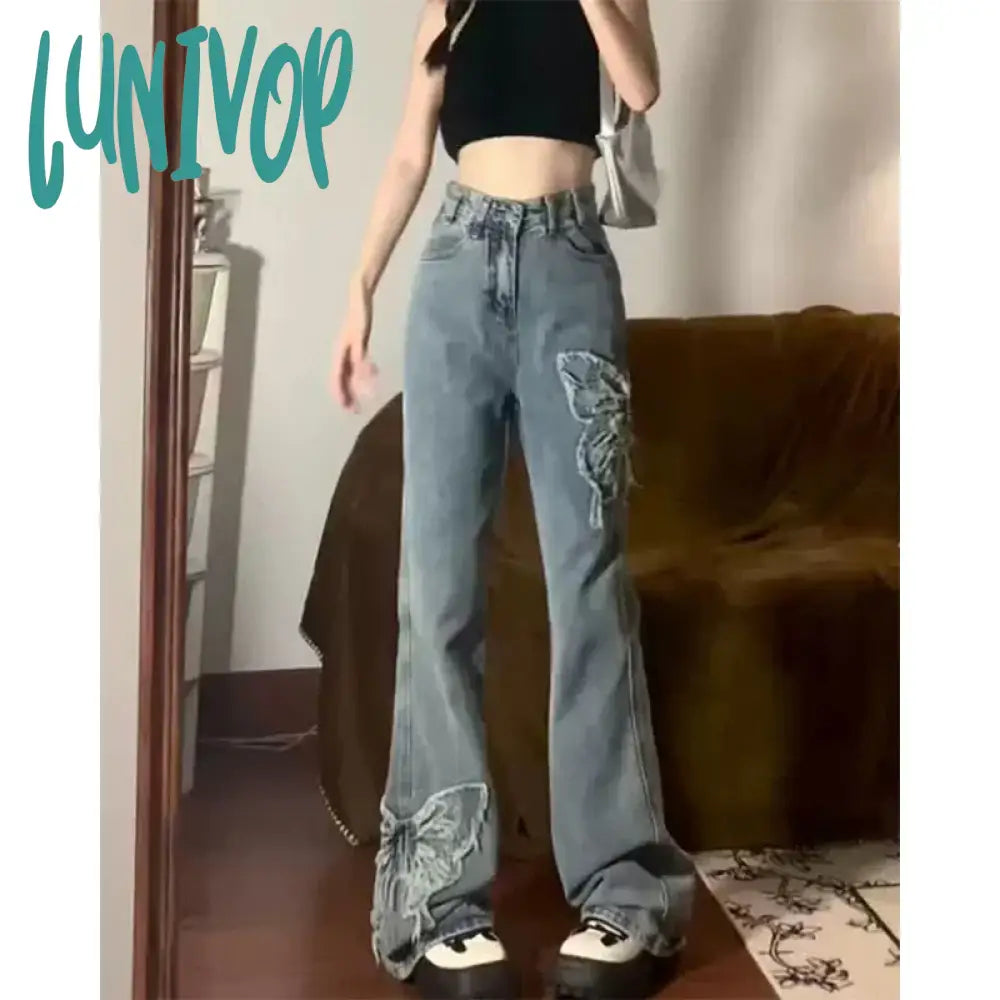 Lunivop Y2K 2000S Flare Jeans Women Vintage Butterfly Embroidery Denim Wide Leg Pants Streetwear