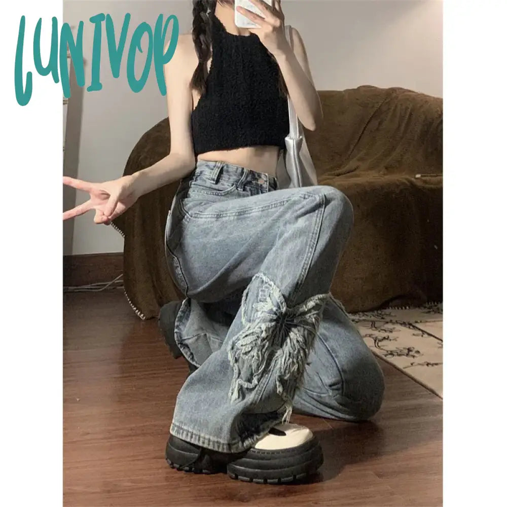 Lunivop Y2K 2000S Flare Jeans Women Vintage Butterfly Embroidery Denim Wide Leg Pants Streetwear