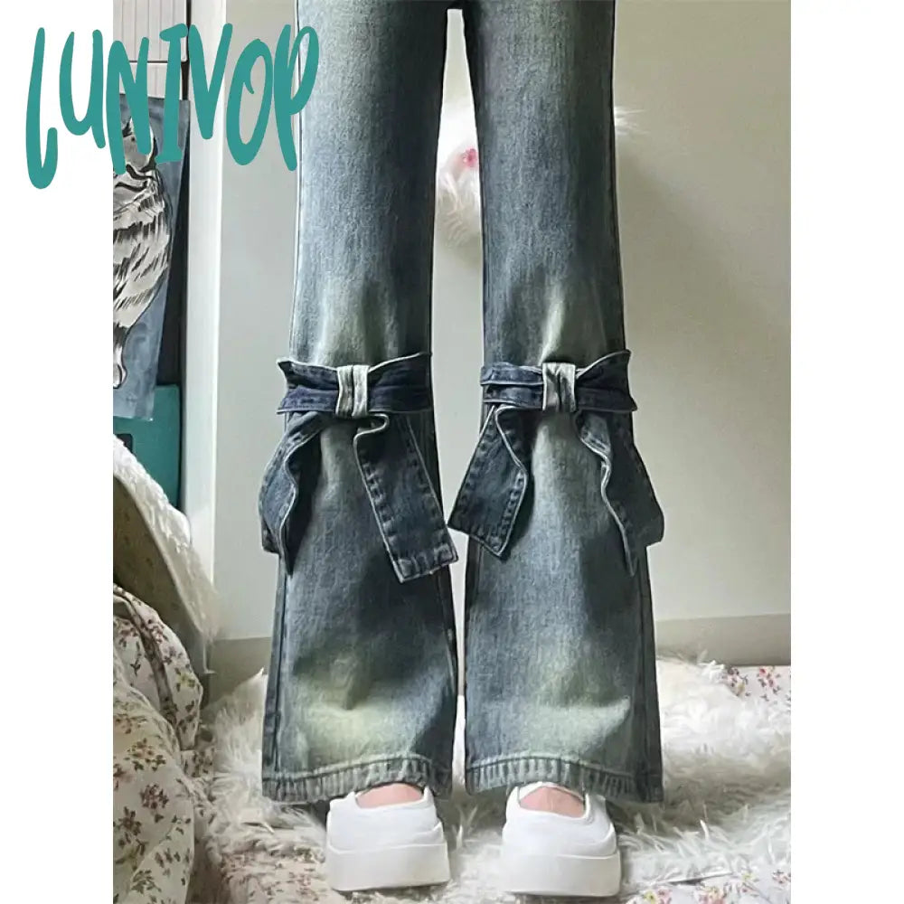Lunivop Y2K 2000S Flare Jeans Women Vintage High Waist Bow Denim Pants Summer Japanese Harajuku