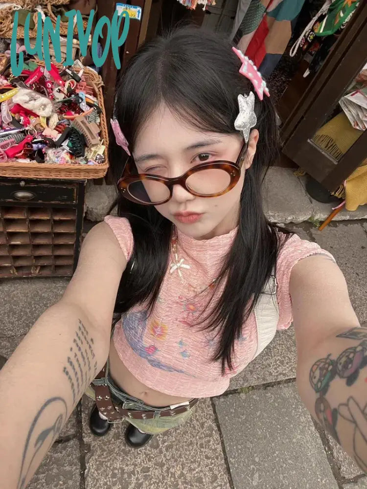Lunivop Y2K 2000S Print T Shirts Women Harajuku Pink White Half High Collar Crop Tops Summer