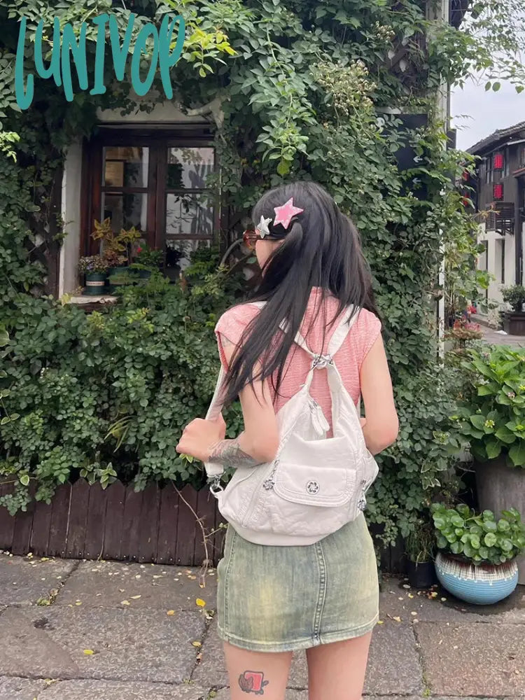 Lunivop Y2K 2000S Print T Shirts Women Harajuku Pink White Half High Collar Crop Tops Summer