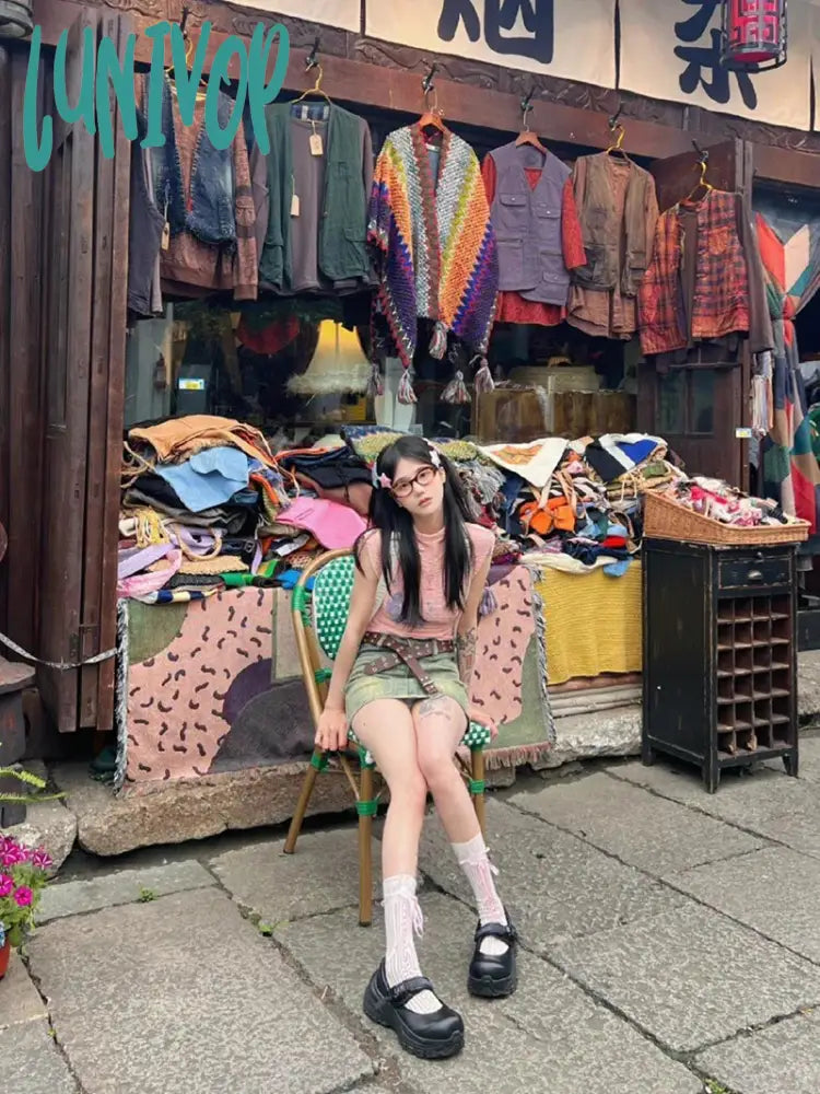 Lunivop Y2K 2000S Print T Shirts Women Harajuku Pink White Half High Collar Crop Tops Summer