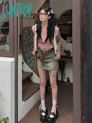Lunivop Y2K 2000S Print T Shirts Women Harajuku Pink White Half High Collar Crop Tops Summer