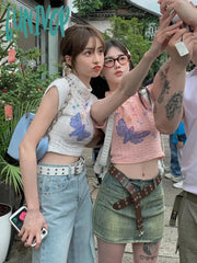 Lunivop Y2K 2000S Print T Shirts Women Harajuku Pink White Half High Collar Crop Tops Summer