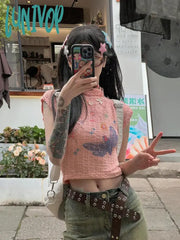 Lunivop Y2K 2000S Print T Shirts Women Harajuku Pink White Half High Collar Crop Tops Summer