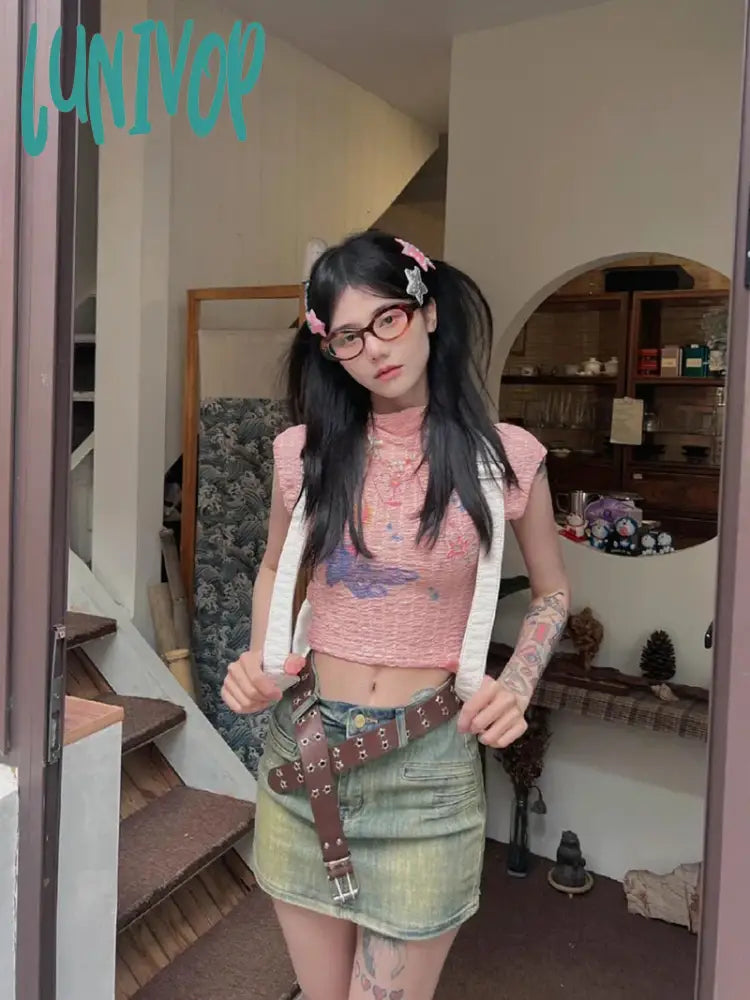 Lunivop Y2K 2000S Print T Shirts Women Harajuku Pink White Half High Collar Crop Tops Summer