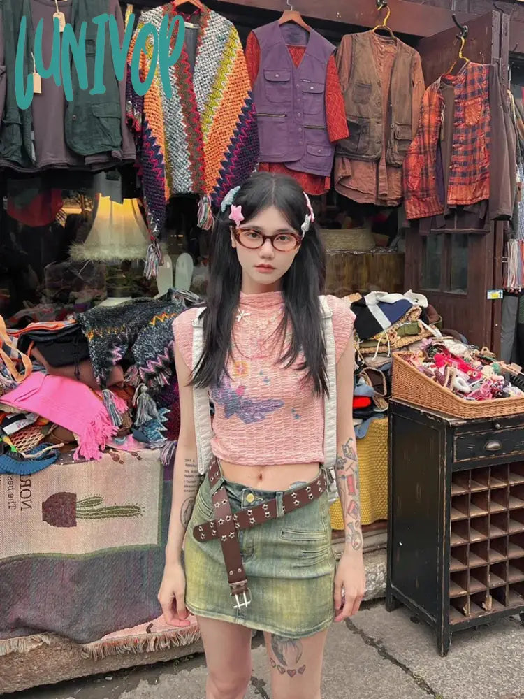 Lunivop Y2K 2000S Print T Shirts Women Harajuku Pink White Half High Collar Crop Tops Summer