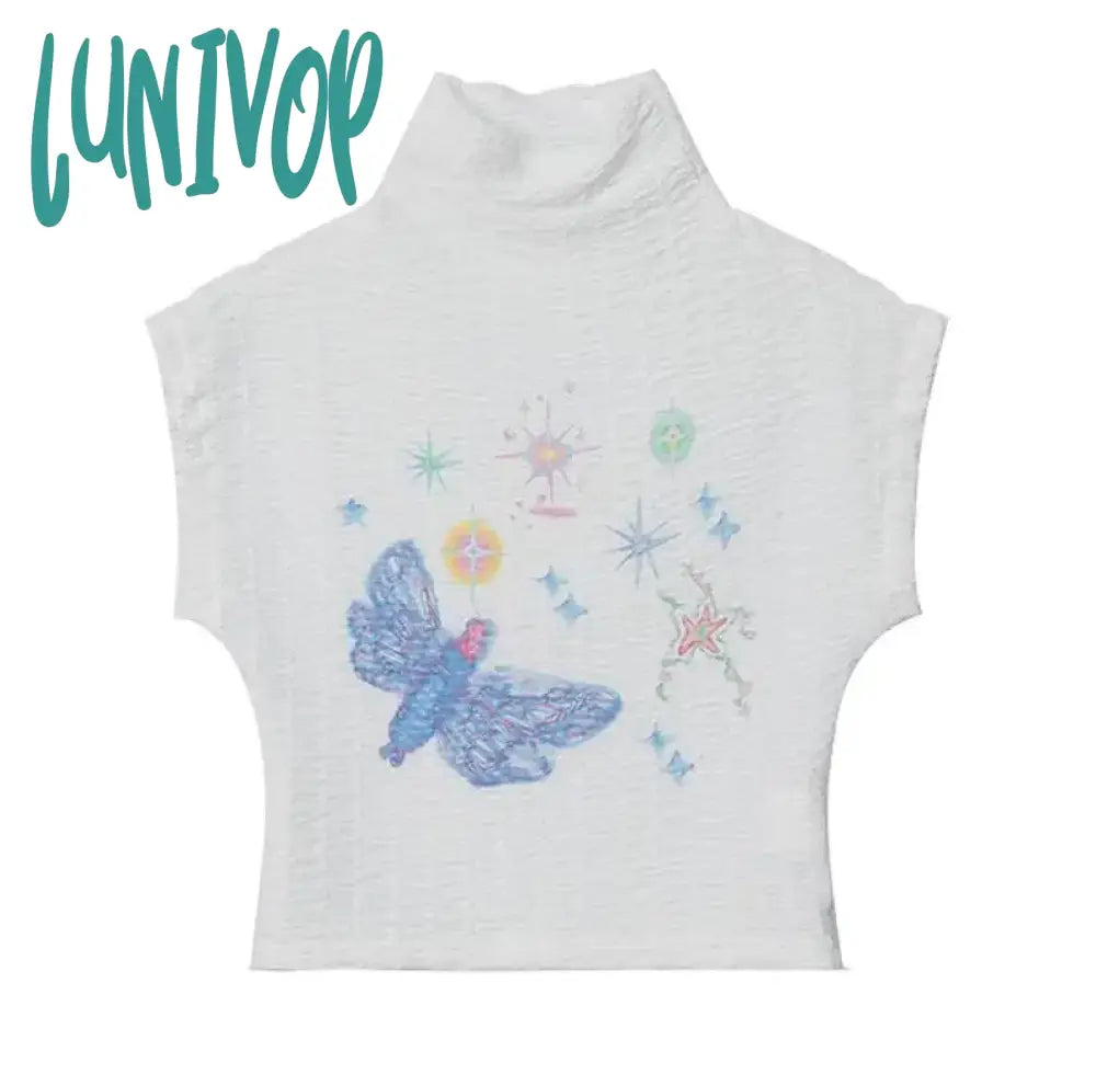 Lunivop Y2K 2000S Print T Shirts Women Harajuku Pink White Half High Collar Crop Tops Summer