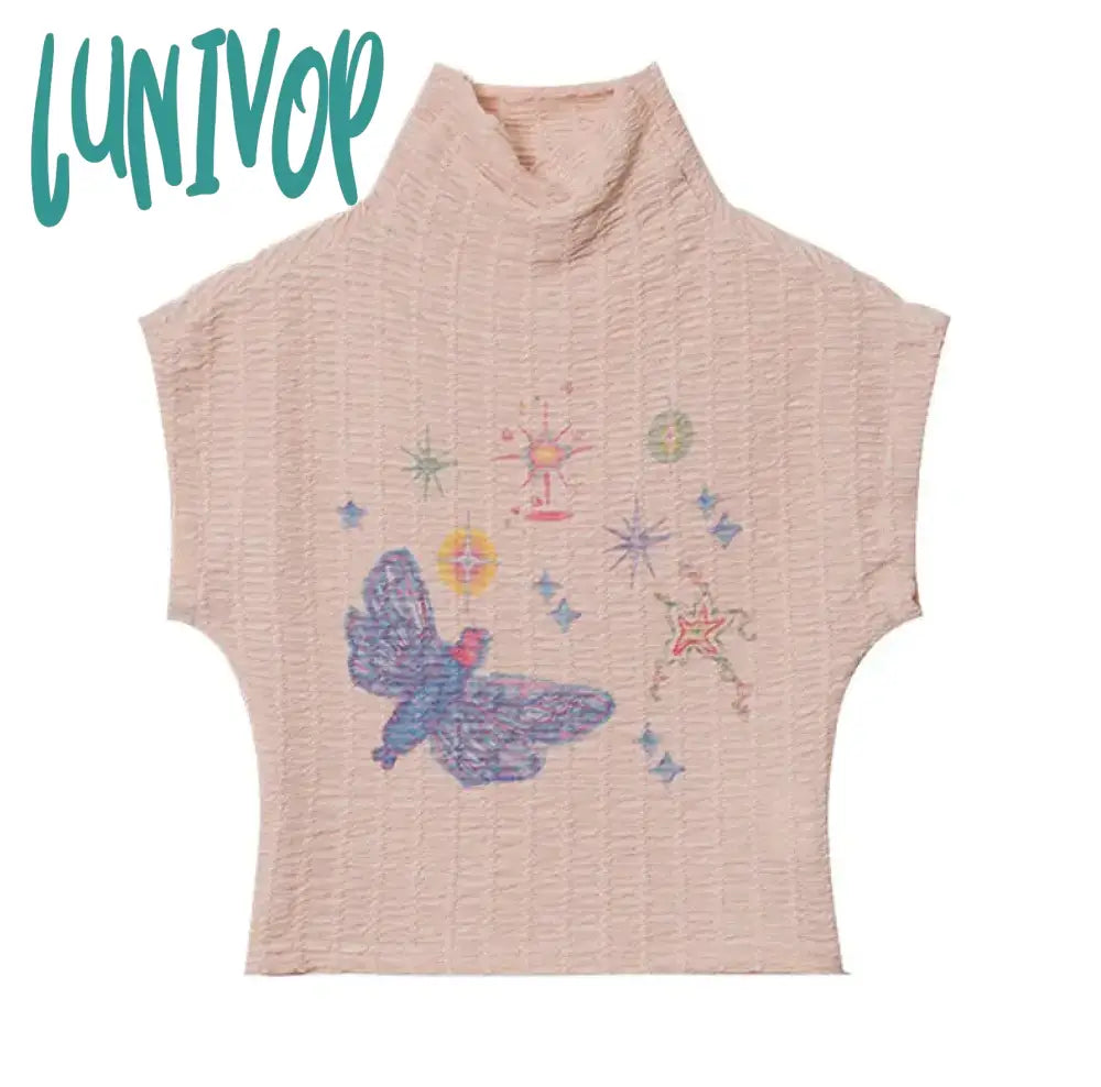 Lunivop Y2K 2000S Print T Shirts Women Harajuku Pink White Half High Collar Crop Tops Summer