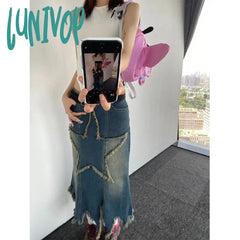 Lunivop Y2K 2000S Star Denim Midi Skirts Women Vintage Irregular Wrap Jean Skirt Summer Harajuku