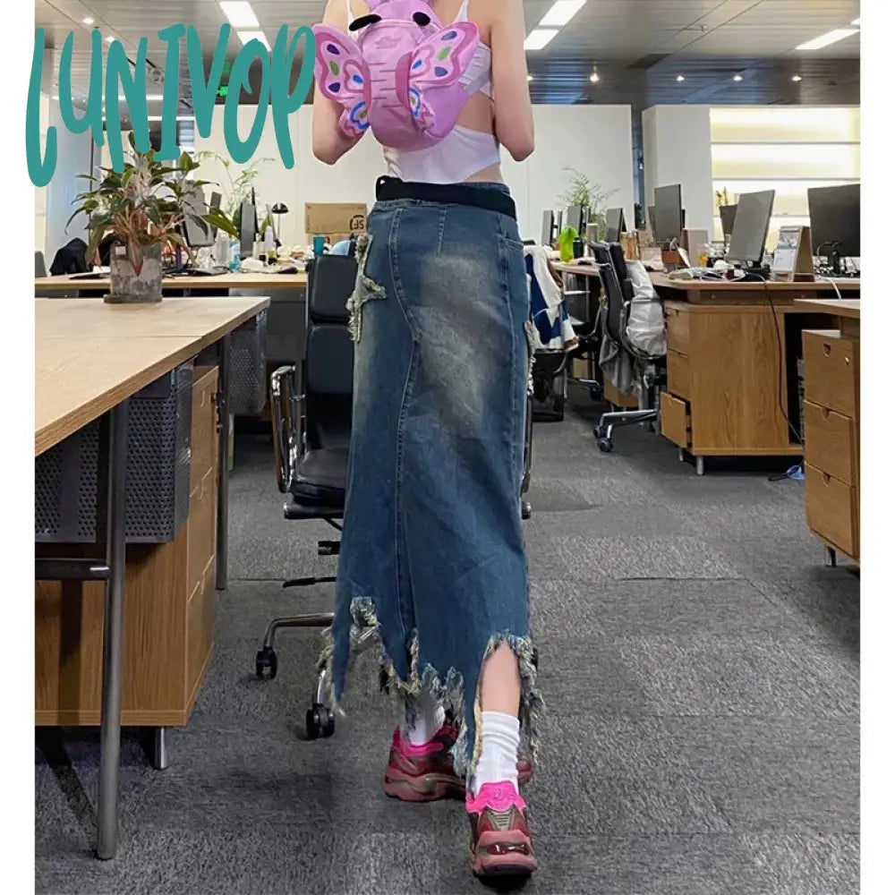 Lunivop Y2K 2000S Star Denim Midi Skirts Women Vintage Irregular Wrap Jean Skirt Summer Harajuku