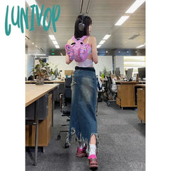 Lunivop Y2K 2000S Star Denim Midi Skirts Women Vintage Irregular Wrap Jean Skirt Summer Harajuku