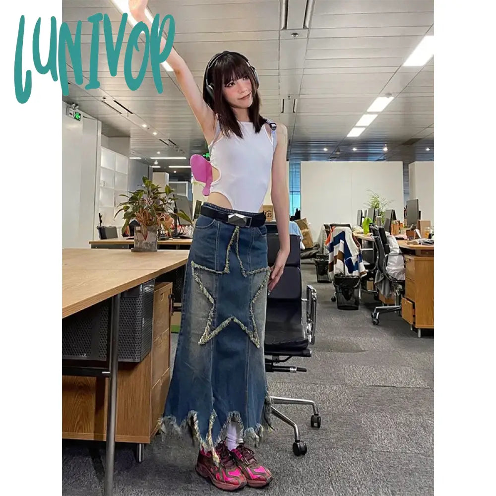 Lunivop Y2K 2000S Star Denim Midi Skirts Women Vintage Irregular Wrap Jean Skirt Summer Harajuku