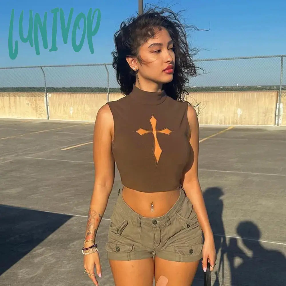 Lunivop Y2K 2000S Summer Women Crop Tops Sleeveless Cross Hollow Out High Callar Solid Colr