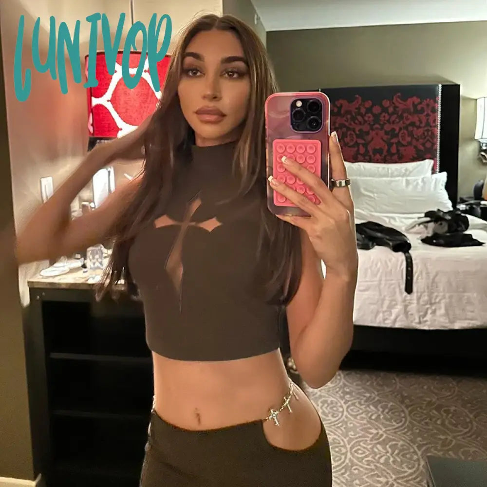 Lunivop Y2K 2000S Summer Women Crop Tops Sleeveless Cross Hollow Out High Callar Solid Colr