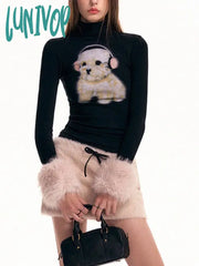 Lunivop Y2K Aesthetic Cartoon Kawaii Dog Print Crop Top Patchwork Fluffy Long Sleeve T-Shirt Women