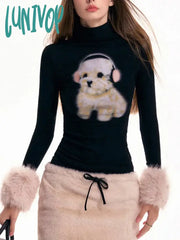 Lunivop Y2K Aesthetic Cartoon Kawaii Dog Print Crop Top Patchwork Fluffy Long Sleeve T-Shirt Women