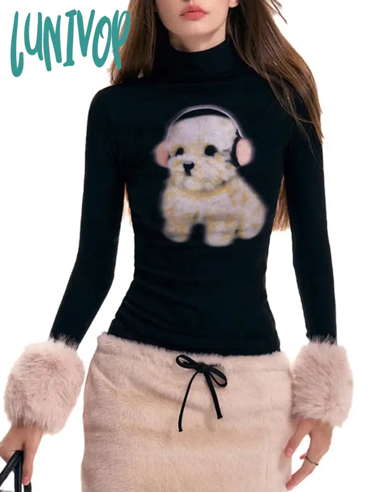 Lunivop Y2K Aesthetic Cartoon Kawaii Dog Print Crop Top Patchwork Fluffy Long Sleeve T-Shirt Women