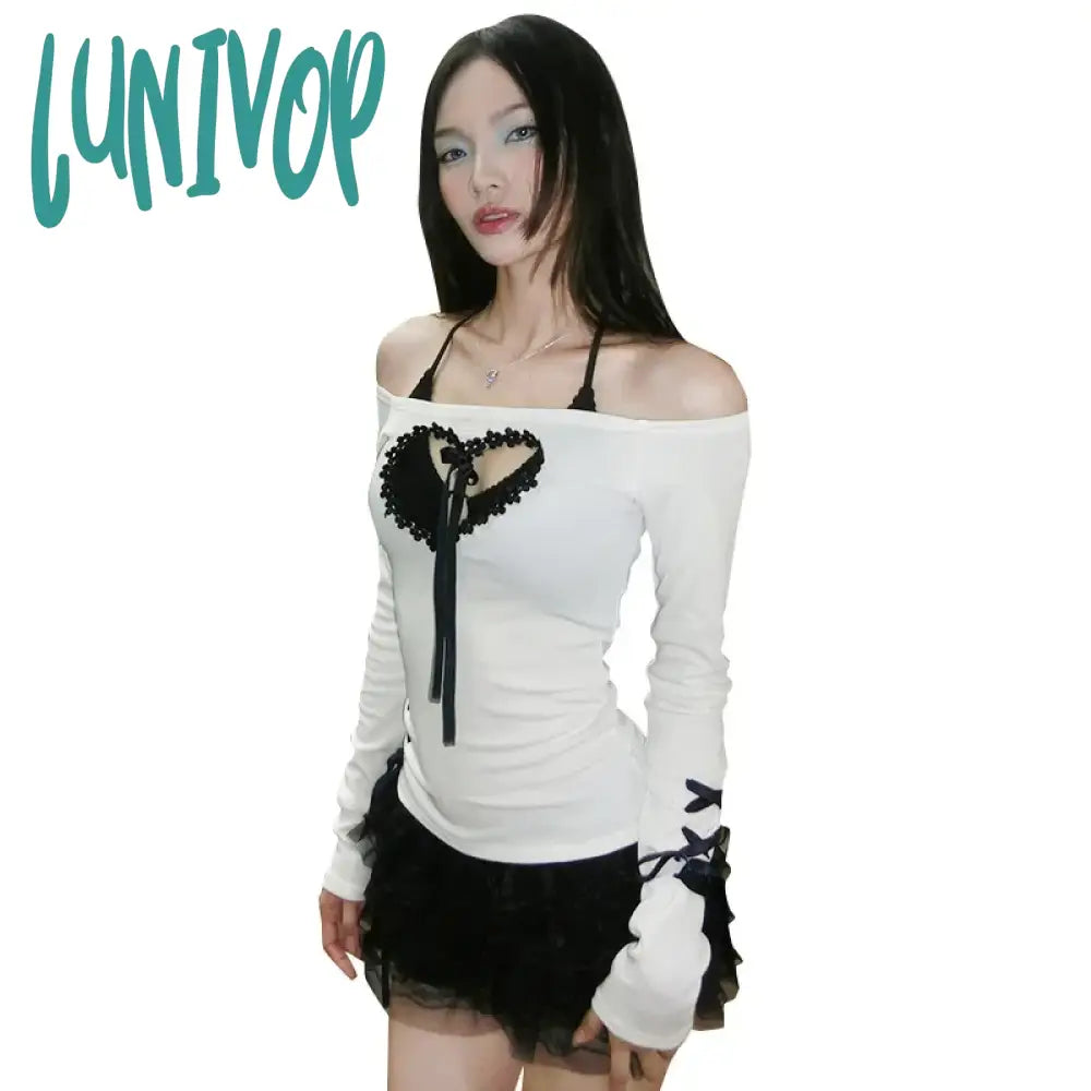 Lunivop Y2K Aesthetic Heart Hollow Out Long Sleeve Tops Fairy Cute Patchwork Bandage Slash Neck