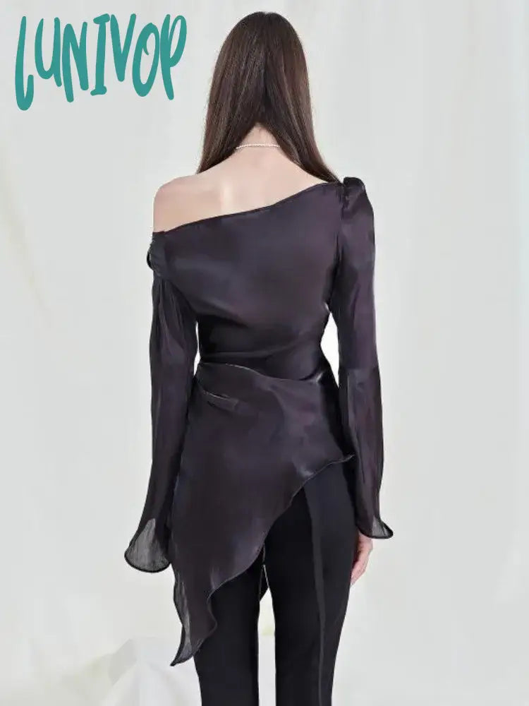 Lunivop Y2K Aesthetic Pleated Skew Collar Solid Women Blouse Sexy Slim Grunge Bandage Bow Shirt