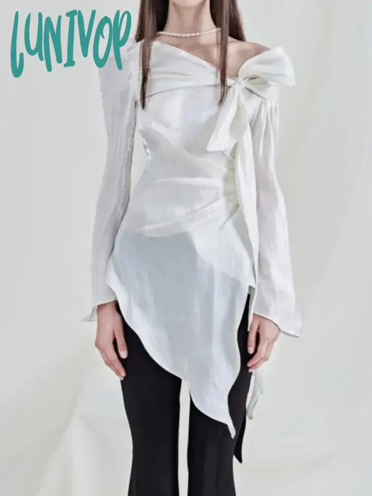 Lunivop Y2K Aesthetic Pleated Skew Collar Solid Women Blouse Sexy Slim Grunge Bandage Bow Shirt