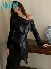 Lunivop Y2K Aesthetic Pleated Skew Collar Solid Women Blouse Sexy Slim Grunge Bandage Bow Shirt