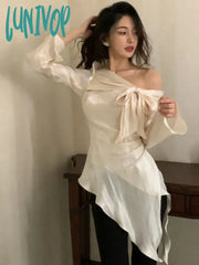 Lunivop Y2K Aesthetic Pleated Skew Collar Solid Women Blouse Sexy Slim Grunge Bandage Bow Shirt