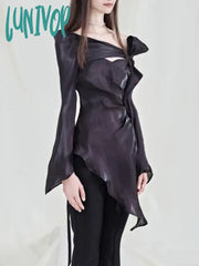 Lunivop Y2K Aesthetic Pleated Skew Collar Solid Women Blouse Sexy Slim Grunge Bandage Bow Shirt