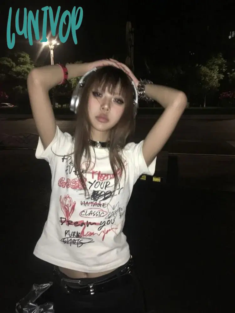 Lunivop Y2K Aesthetic Streetwear T Shirts Women American Retro Harajuku Graphic Print Hip Hop Slim