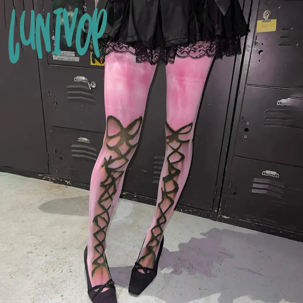 Lunivop Y2K Art Graffiti Printed Leggings Womem 2024 New Mesh Pink Stockings Bow Skinny High Waist