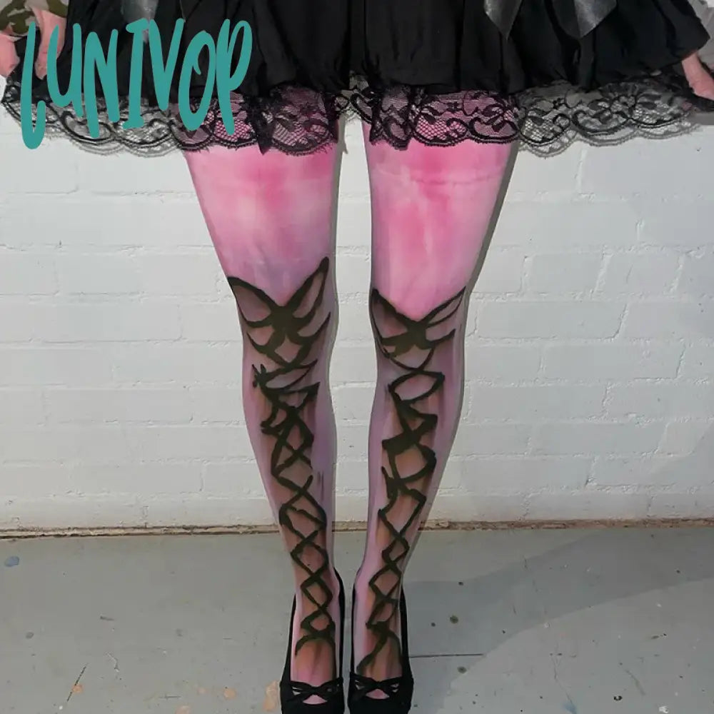 Lunivop Y2K Art Graffiti Printed Leggings Womem 2024 New Mesh Pink Stockings Bow Skinny High Waist