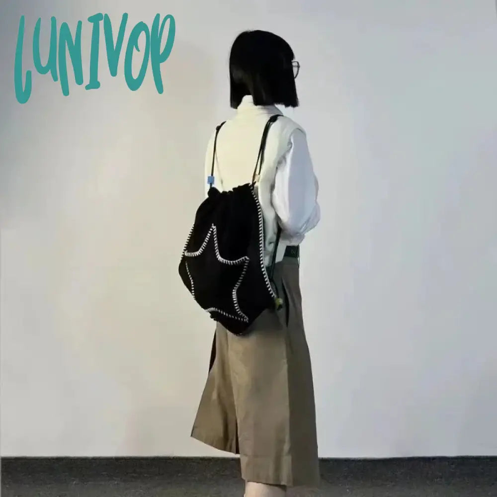 Lunivop Y2K Backpack For Women Star Print Large Capacity Black White Shoulder Bag Harajuku Style