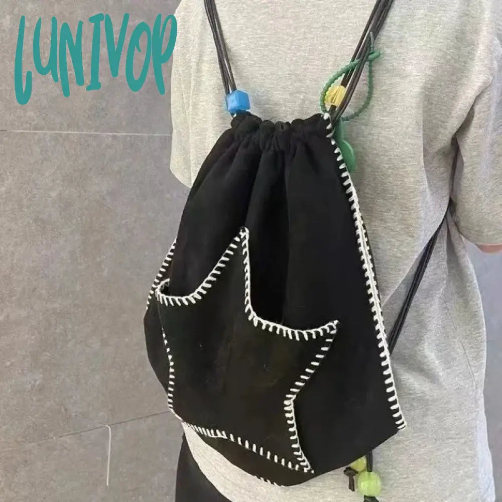 Lunivop Y2K Backpack For Women Star Print Large Capacity Black White Shoulder Bag Harajuku Style