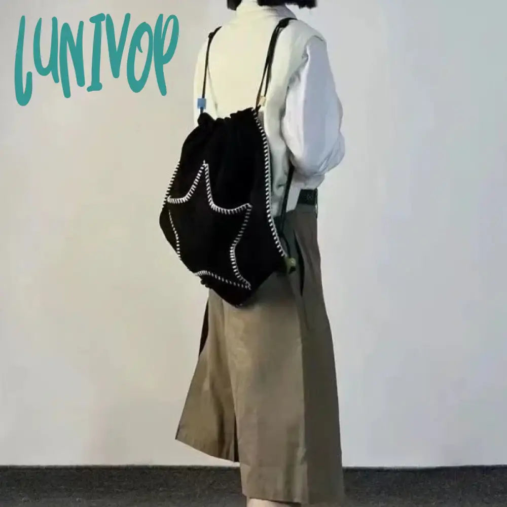 Lunivop Y2K Backpack For Women Star Print Large Capacity Black White Shoulder Bag Harajuku Style