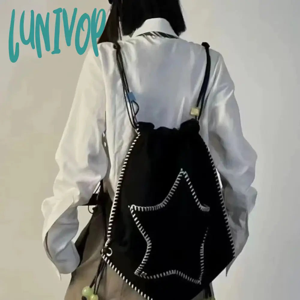 Lunivop Y2K Backpack For Women Star Print Large Capacity Black White Shoulder Bag Harajuku Style