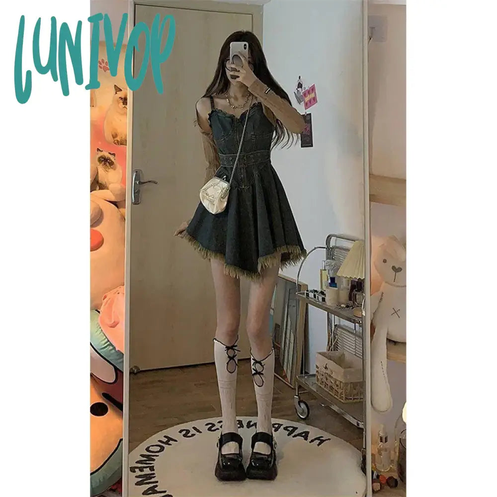 Lunivop Y2K Belt Denim Mini Dress Women Vintage Irregular Tassel Spaghetti Strap Jeans Dresses