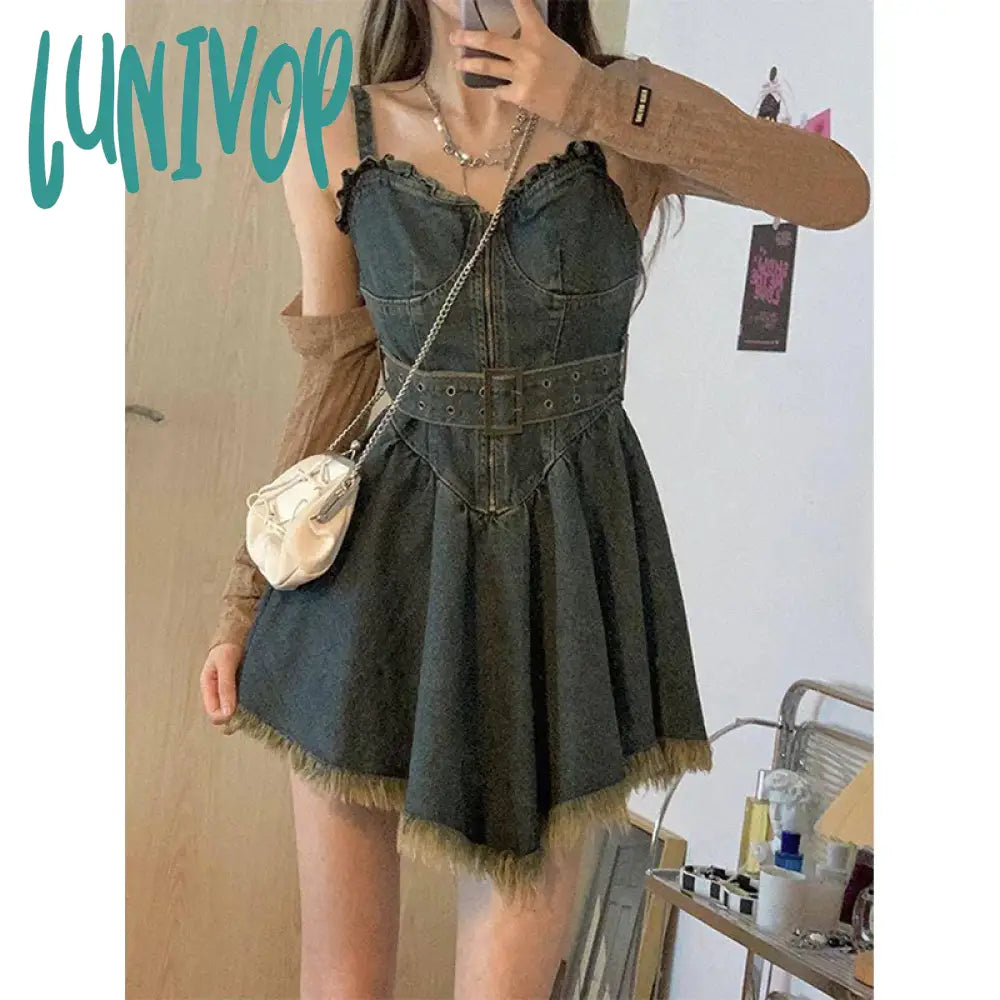 Lunivop Y2K Belt Denim Mini Dress Women Vintage Irregular Tassel Spaghetti Strap Jeans Dresses