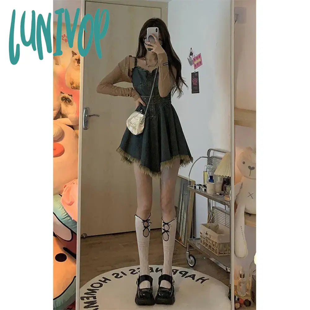Lunivop Y2K Belt Denim Mini Dress Women Vintage Irregular Tassel Spaghetti Strap Jeans Dresses