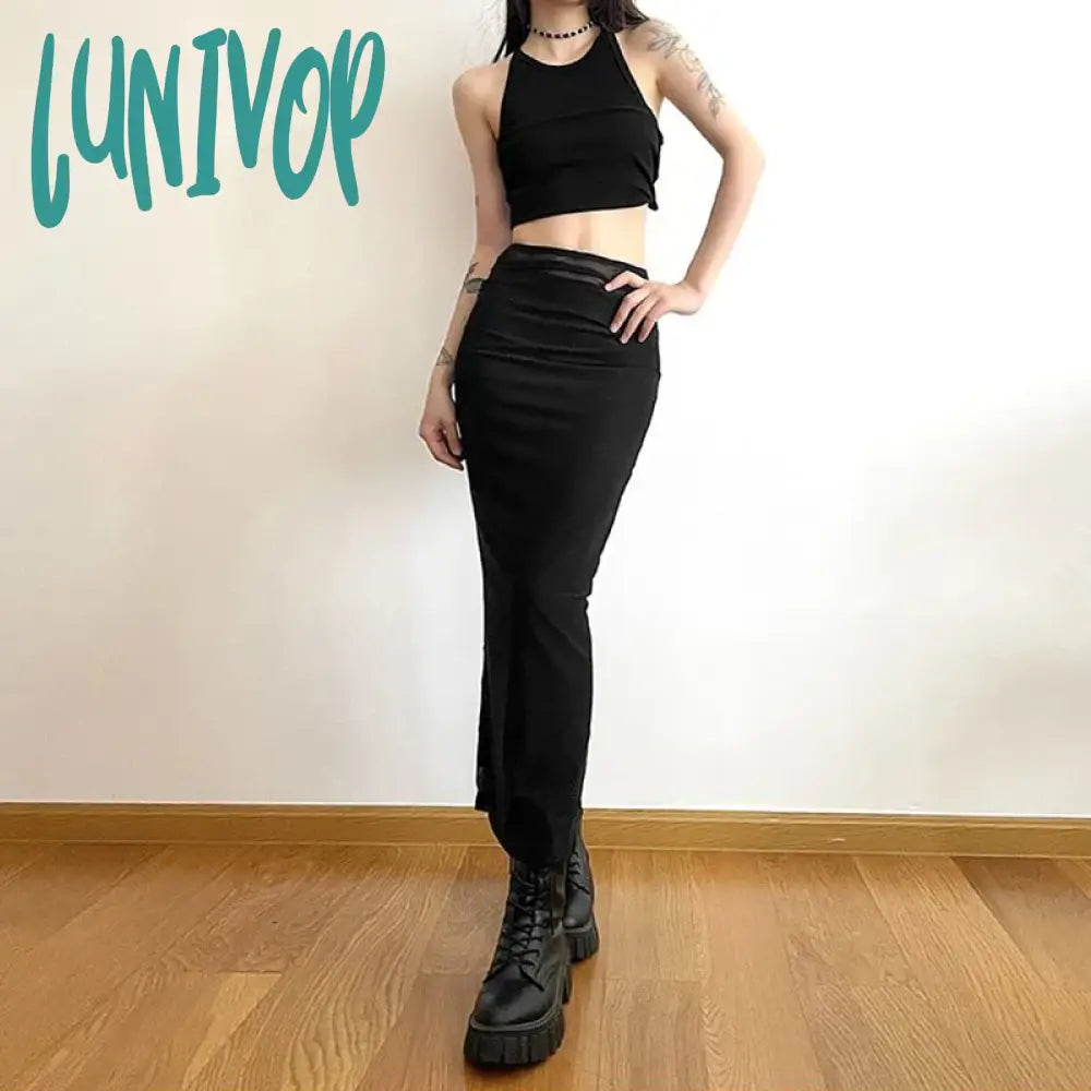 Lunivop Y2K Black Long Skirts Women Harajuku Sexy Mesh Patchwork Wrap Skirt Summer Gothic Korean