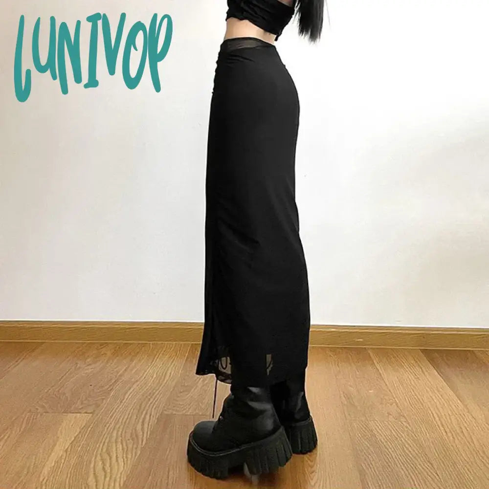 Lunivop Y2K Black Long Skirts Women Harajuku Sexy Mesh Patchwork Wrap Skirt Summer Gothic Korean