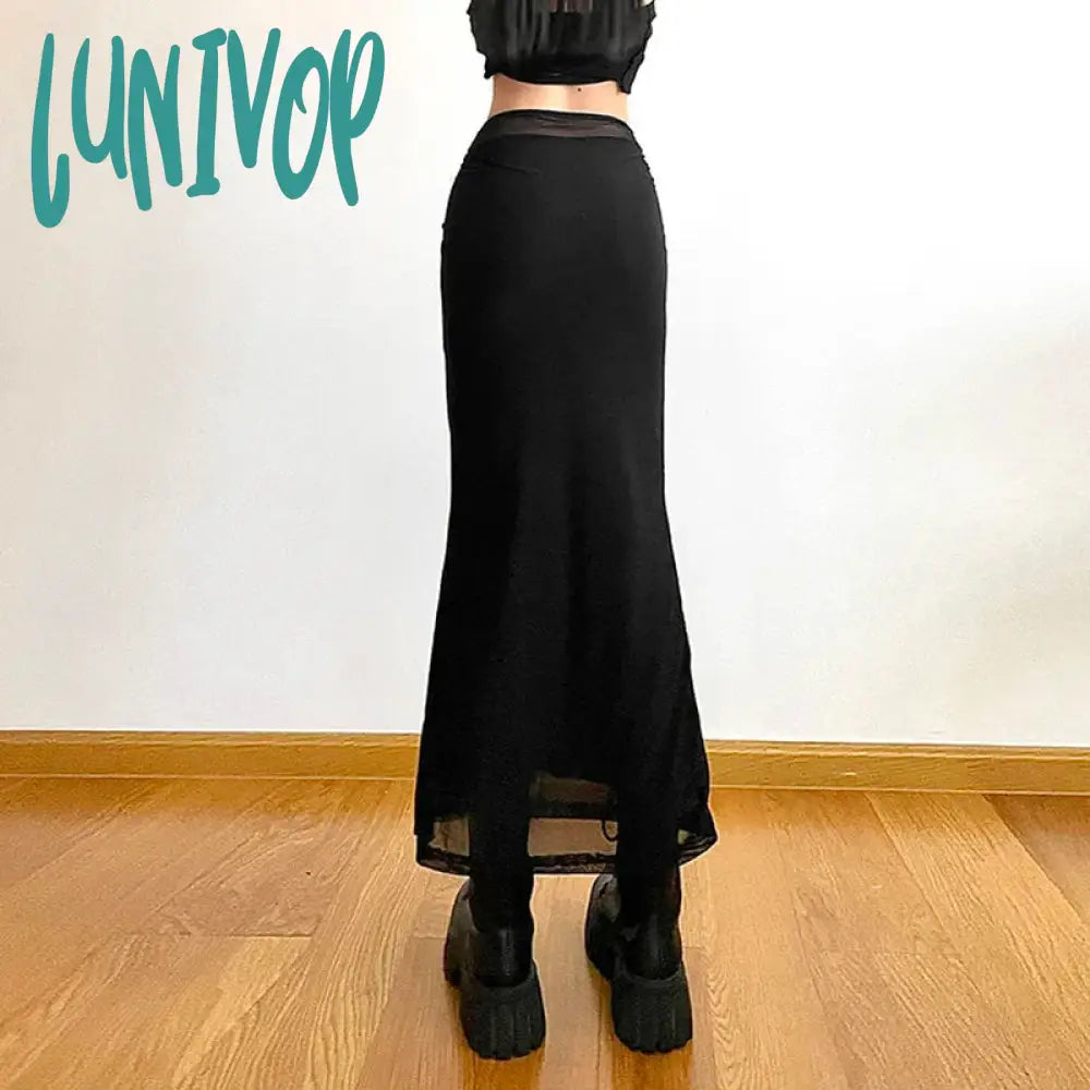 Lunivop Y2K Black Long Skirts Women Harajuku Sexy Mesh Patchwork Wrap Skirt Summer Gothic Korean