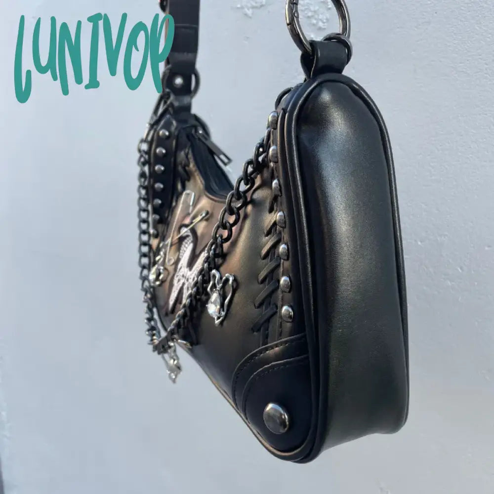 Lunivop Y2K Black Shoulder Bag Skull Butterfly Applique Rivets Heart Chain Handbag American Style