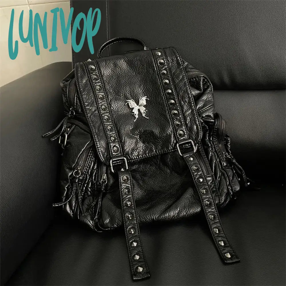 Lunivop Y2K Black Womens Backpack Vintage Fashion Gothic Soft Pu Leather School Large Capacity Men