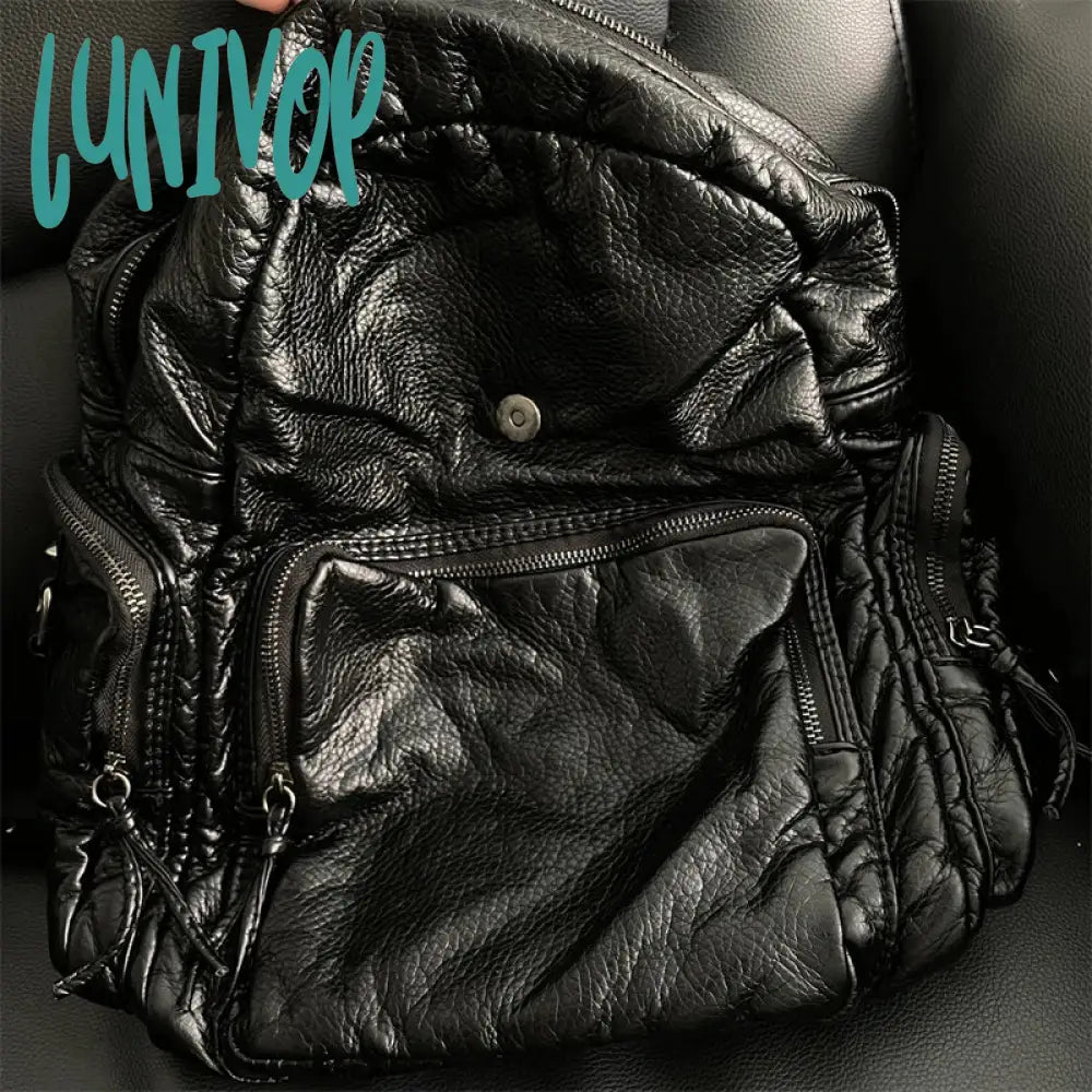 Lunivop Y2K Black Womens Backpack Vintage Fashion Gothic Soft Pu Leather School Large Capacity Men