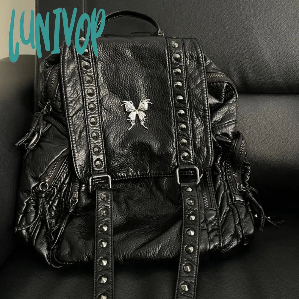 Lunivop Y2K Black Womens Backpack Vintage Fashion Gothic Soft Pu Leather School Large Capacity Men